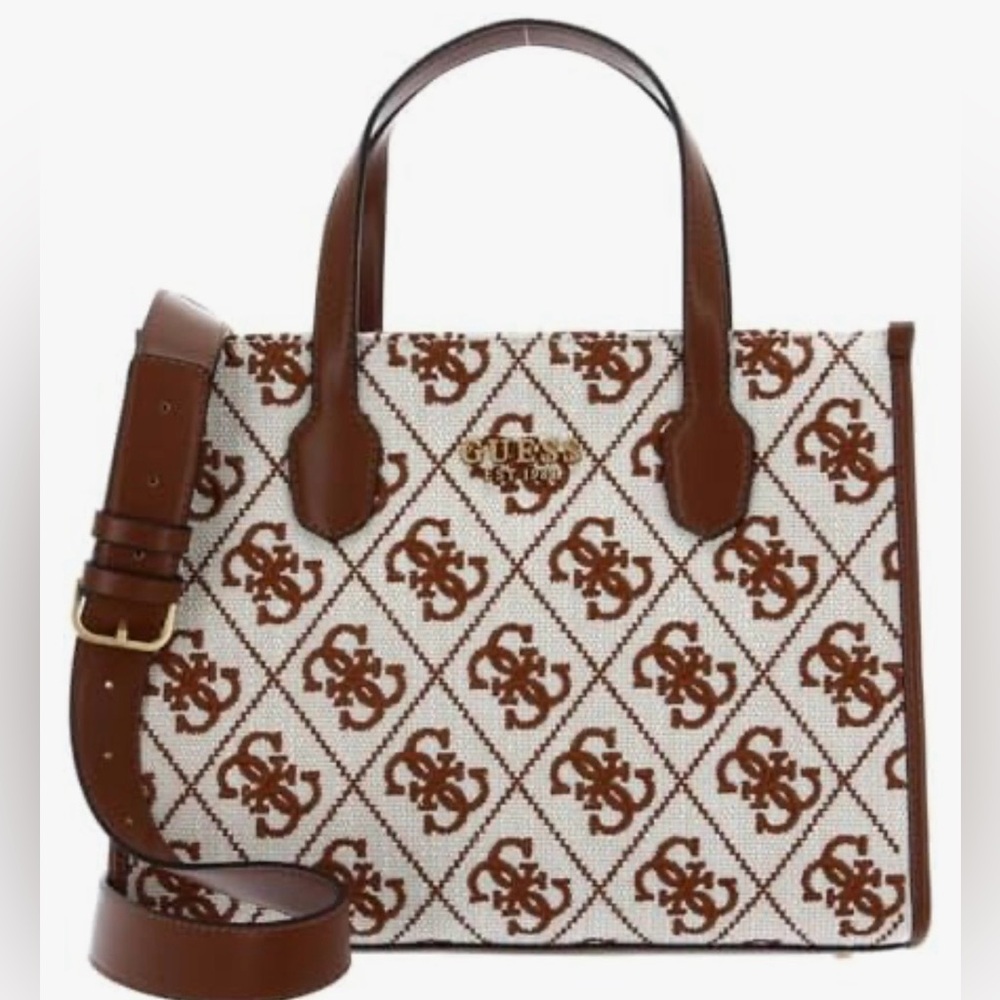 Guess- Tan And Brown Silvana Canvas Tote Saddle Logo Rare Sold Out NWT